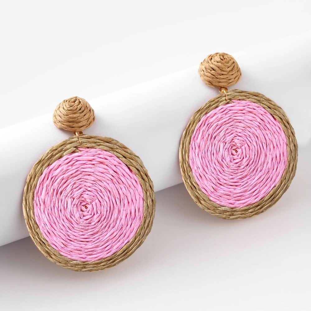 Pink Circle Rattan Earrings Straw Raffia Earrings Bohemian Jewelry